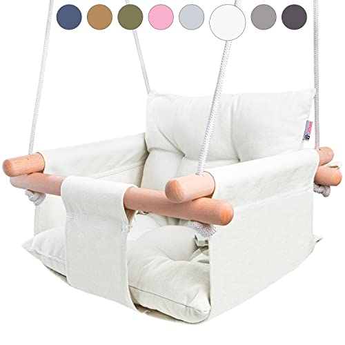 Cateam Babyschaukel Holz, Hängeschaukel mit 5-Punkt-Sicherheitsgurt, Indoor Outdoor, Kinderschaukel ab 12 Monate, Elfenbein