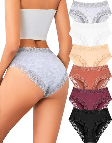 ALL OF SHE 6er Pack Unterhosen Damen Baumwolle Unterwäsche Frauen Spitze Slips Baumwoll Hipster Frauen Underwear Soft Brazilian Panties Mehrpack S-XL