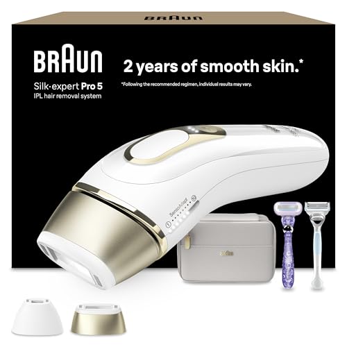 Braun IPL Silk Expert Pro 5 – IPL Geräte Haarentfernung, Dauerhafte und Schmerzfreie Haarentfernung für Zuhause – inkl. Etui, 2 Venus Rasierer, 2 Aufsätze, Designed In Germany – PL5157, Weiß/Gold