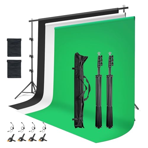 Greenscreen Hintergrund Set 2,6x3m mit Ständer – Fotohintergrundsystem mit 3 Stoffen (Grün, Weiß, Schwarz), höhenverstellbar, 4 Klemmen, 2 Sandsäcke & 4 Seile für Foto & Videoaufnahme
