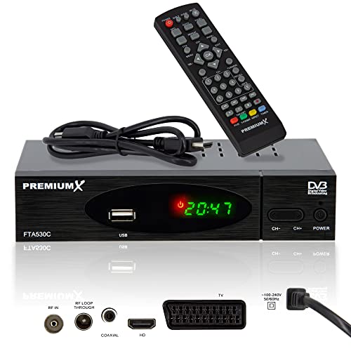 PremiumX Kabel Receiver DVB-C FTA 530C Digital FullHD TV Auto Installation USB Mediaplayer SCART HDMI Kabelfernsehen für jeden Kabel-Anbieter
