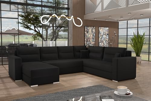 Generisch Captain Sofa Couch Garnitur Ecksofa U mit Schlaffunktion Wohnlandschaft Kronos 07 Polyätherschaum Holzuntergestell Breite 314cm Tiefe 217cm Schwarz