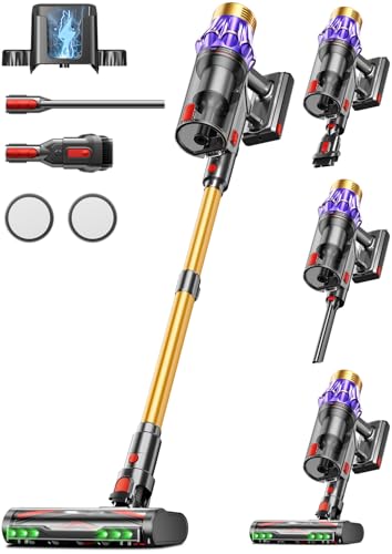 Akku Staubsauger, 55KPa/650W/70Min Staubsauger Kabellos mit Selbststehend, 1,8 L, Anti-Tangle-Bürste, 8-Schicht-Filtration, LED Display, akkustaubsauger für Tierhaare/Hartböden/Teppich (Goldfarben)