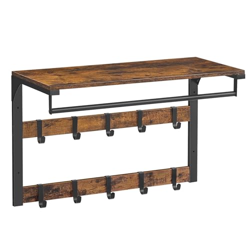 VASAGLE Wandgarderobe, mit Ablage, Wandregal mit 10 abnehmbaren Haken, Hängeregal, Wandmontage, 2 Garderobenleisten, Kleiderstange, für Flur, Schlafzimmer, Badezimmer, vintagebraun-schwarz LCR101B01