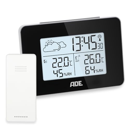 ADE Digitale Wetterstation Funk mit Außensensor | Innen und Außentemperatur | Luftfeuchtigkeitsmesser | animierte Wettervorhersage | Funkwecker mit Schlummerfunktion | schwarz