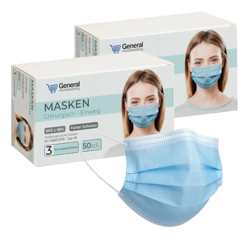 general merchandising 100 STÜCKE CE-zertifizierte OP-Masken | Blau OP-Maske mit verstellbarem Nasenbügel