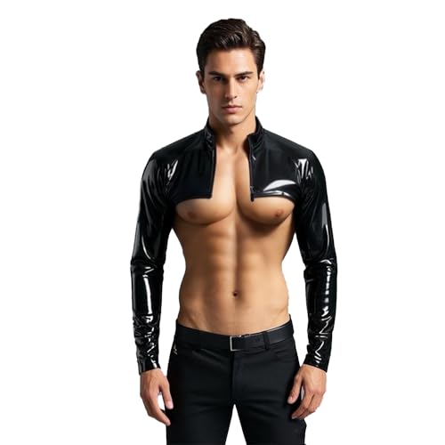 GREEFEI Latex Langarm Jacke für Herren,Naturkautschuk Halb Jacke mit Frontrei ßverschluss Handgefertigt,Latex Club Kleidung L