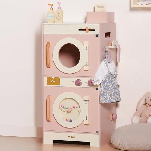 ROBUD Kinder Waschmaschine Set aus Holz: Spielküche Spielzeug, 2-in-1 Spielwaschmaschine Trockner Set, Rollenspiel Küchenspielzeug mit Bügeleisen, Kleiderbügel, Seife, Geschenk für Kinder ab 3 Jahren