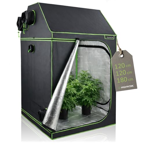 HIGHWERK Growzelt 120 x 120 x 180 cm | MyHomeGrow Grow Tent, schwarz grün | Indoor Grow Tent für Pflanzenzucht | Growbox für Dachschräge, Homegrow, Growschrank | Zuchtzelt, Pflanzenzelt
