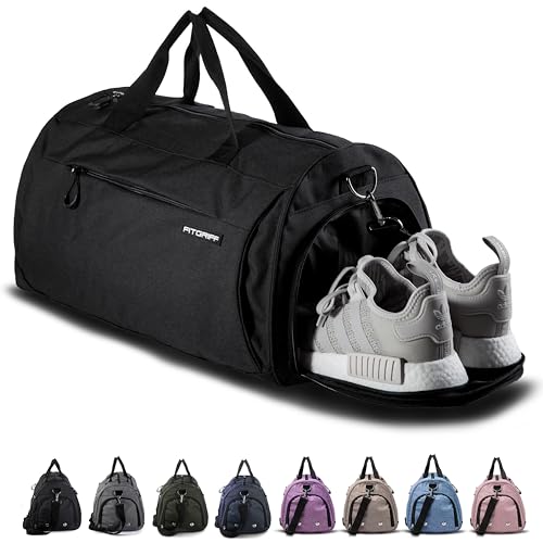 Fitgriff® Sporttasche & Reisetasche für Damen und Herren - mit Schuhfach & Nassfach - Tasche für Sport, Fitness & Reisen - Trainingstasche, Gym Bag (Black, 48 x 26 x 25 cm (Small))