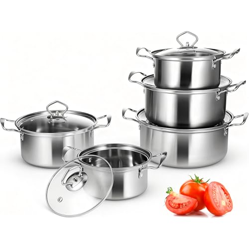 Topfset Induktion 10-Teilig, Topfset aus Edelstahl mit Glasdeckel und Stielkasserolle, Induktions Töpfe set, für alle Herdarten, unbeschichtet,Induktion Topf Kochtopf Set