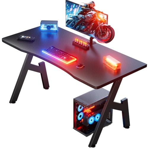 HLONONE Gaming Schreibtisch 80 x 50 cm, Gaming Tisch, Stabiler PC Tisch mit Kohlefaseroberfläche, Ergonomischer Gamer Tisch für Gaming und Büro, Schwarz