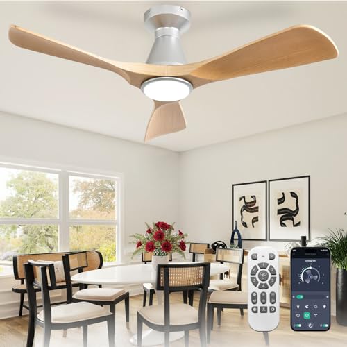 Depuley 42-Zoll-Deckenventilatoren mit Licht: Holz 3 Flügel Flush Mount Low Deckenventilator für Schlafzimmer - Dimmbarer Innenventilator mit APP-Fernbedienung Ultraleiser DC-Motor Zeitschaltuhr