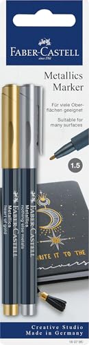 FABER-CASTELL 160796 - Metallics Marker mit Faserspitze, 1,5 mm Strichstärke, für viele Oberflächen geeignet, mit Metalliceffekt in gold und silber, 2er Set