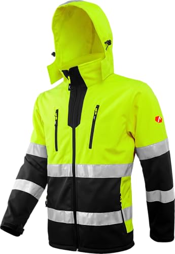 ACE Neon Warnschutz-Jacke - starke Softshell-Warnjacke inkl. Reflektoren und abnehmbarer Kapuze - EN ISO 20471 - Gelb - L