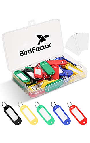 50 Stück Schlüsselanhänger beschriftbar mit Etiketten – 5 Farben, Kunststoffbox mit extra Etiketten, Schlüssel Anhänger und Schlüsselschilder mit Ring auch für Haustiere, Gepäckstücke oder USB Sticks