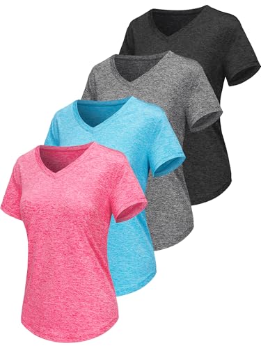 Sportshirt Damen Kurzarm V-Ausschnitt UPF 50+ Sport Fitness T-Shirts Atmungsaktiv T-Shirt Laufshirt für Funktionsshirt Workout Top Gym Yoga 4er Pack