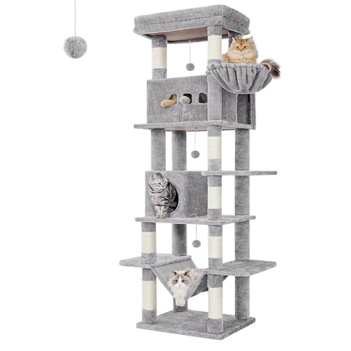 Hzuaneri Kratzbaum groß, 210 cm hoch, Katzenbaum, mit 8 Kratzbäume, 2 Höhlen, groß Plattformen, Waschbare Matte, Hängematte, Plüschbälle, mehrstöckiger katzenkratzbaum, Hellgrau MS21018LG