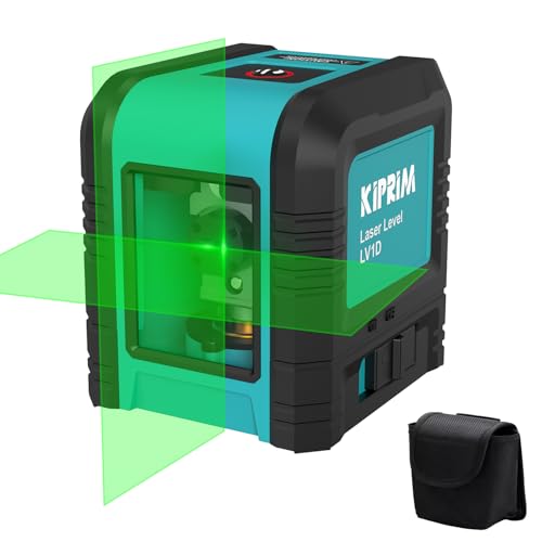 Kreuzlinienlaser, Kiprim LV1D Selbstnivellierend Linienlaser 15M ± 0,2 mm/m, 360° Umschaltbar Vertikale/Horizontale GrünLaser IP54 Staub & Wasserschutz inkl. 2*AA Batterien & Schutztasche