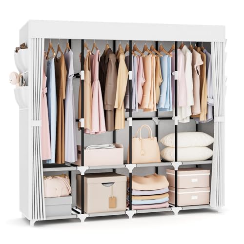 Kleiderschrank, Stoffschrank,170cm breit, Stoffschrank mit großer Kapazität, mit Abdeckung, 4 Lagerregalen und 4 Kleiderstangen, stabiler freistehender textil kleiderschrank für das Schlafzimmer Weiß