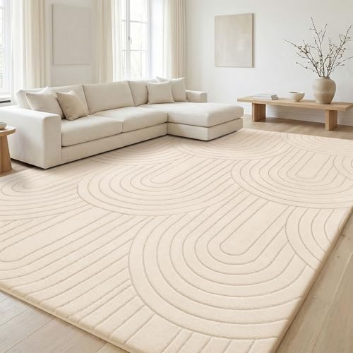 Treeboy Kurzflor Teppich Wohnzimmer, Teppich Groß 200 x 300 cm, 3D Halbkreismuster Carpet Beige Waschbarer Teppiche Schlafzimmer Flauschige Rugs, Teppiche Gegend Mit Rutschmatte