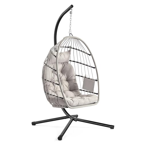 SONGMICS Hängesessel mit Gestell, Hängeschaukel Outdoor, Korbsessel, Korb klappbar und abnehmbar, Hängestuhl höhenverstellbar, Seitentasche, Kissen, Wohnzimmer Garten Balkon, weiß GDC050WZ01
