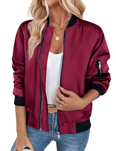 Zeagoo Damen Blouson Jacke Light Bomber Jacket mit Reißverschluss Solid Pilotenjacke Vintage Freizeitjacke Weinrot
