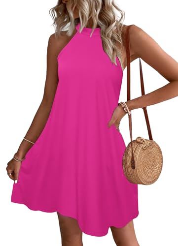 WNEEDU Sommerkleider Damen Kurze Strandkleider Neckholder Ärmelloses A-Linie Freizeitkleid mit Taschen,Rose L