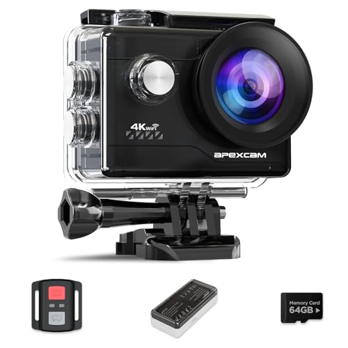 Apexcam M80Air mit 64G Karte Action Cam 4K60FPS 64MP WiFi Sportskamera Unterwasserkamera 40m Wasserdicht EIS Stabilisierung 8X Zoom 170 ° Weitwinkel 2.4G Fernbedienung 2x1350mAh Akkus mit Zubehör-Set
