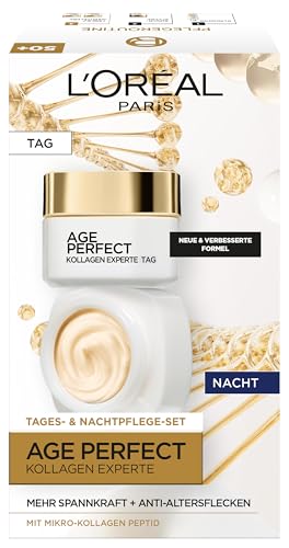 L'Oréal Paris Straffendes Gesichtspflegeset für reife Haut mit Anti-Aging Tagescreme und Nachtcreme gegen Altersflecken, mit Collagen AS Fragments, Age Perfect Pro Collagen Expert, 2 x 50 ml