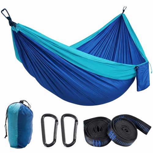 Camping Hängematte Outdoor, Ultraleichte Fallschirm Hängematte mit Karabinern und Baumgurten, Campingausrüstung für Kinder, 210T Nylon Reisebaum Hängematten für Garten Strand, 270 x 140 cm(Blau)