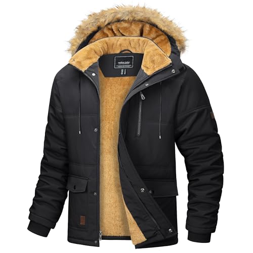 MAGCOMSEN Herren Warme Parka Jacke Gefüttert Winter Daunenjacke Kapuze Camping Jacken Männer Winddicht Warme Outdoorjacke Fleece Funktionsjacke Wandern Jagdjacke mit Mehrfachtaschen Schwarz M