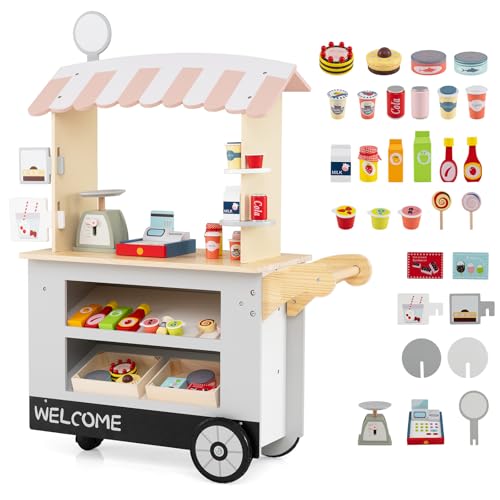 HOMASIS Kaufladen Kaufmannsladen Holz mit 30 Spielzubehör, Verkaufsstand Supermarkt-Set mit 3 Rädern, Lebensmittelwagen mit Kasse, POS & Waage, Verkaufswagen Rollspiel für Kinder ab 3 Jahren (Grau)