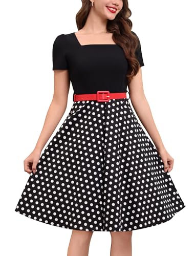 OMEWEE Rockabilly Kleider Damen 1950er Vintage Retro Kurzarm Polka Dot A-Line Swing Cocktailkleid Elegant Knielang Hochzeit festliches Kleid Abendkleid Partykleid Schwarze Gepunktet X-Large