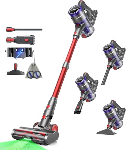 VACTechPro 55KPa/600W/70Min Akku Staubsauger Kabellos, 1.6L Akkustaubsauger mit 8-Schicht-Filterung, Super Leise Kabelloser Staubsauger mit Anti-Tangle Bodenbürste für Hartböden, Dunkelrot