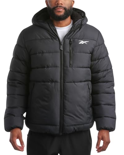 Reebok Herren-Winterjacke – schwerer Sherpa-Futter, Puffer-Parka, Herren-Wintermantel, isoliert, gesteppt, Skijacke für Herren, Schwarz (Jet Black), XL
