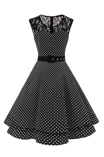 AXOE Damen Rockabilly Kleid 50er Jahre Outfit Vintage A-Linie Festlich mit Gürtel Elegant Cocktailkleid für Hochzeit Schwarz Weiß Gepunkte, Gr.36, S