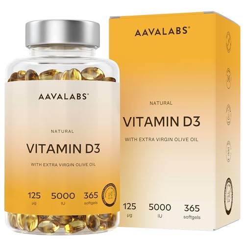 Vitamin D3 Hochdosiert Depot 5000 IU 365 Kapseln - Vitamin D3 5000 IE mit kaltgepresstem nativem Olivenöl Extra für optimale Absorption - Vitamin D Hochdosiert Ohne Gentechnik, glutenfrei, laktosefrei