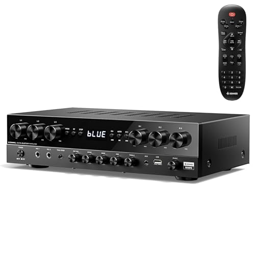 Donner Stereo Verstärker, 6-Kanal Verstärker mit 1000 W Maximalleistung und Bluetooth 5.3, USB, FM, 2 Mikrofoneingängen, Cinch, Glasfaser/Koaxial Eingang für Heim, Karaoke und Kinolautsprecher, MAMP6