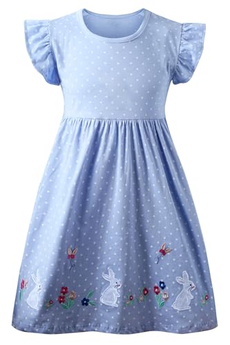 Alleen Prinzessin Kleid Mädchen aus 100% Baumwolle - Bequeme Sommerkleid mit Einhorn-Stickerei für Tägliches Tragen und Feste (110, Blau)