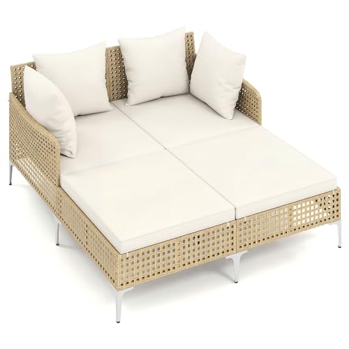 GIANTEX Rattan Doppelbett Gartenliege wetterfest mit Metallrahmen