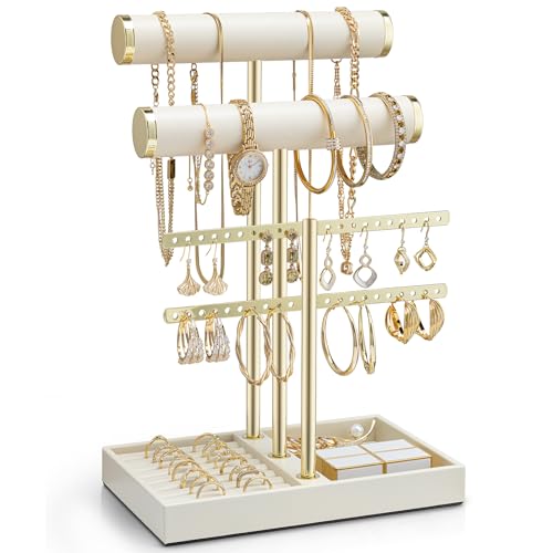 Vlando 3-stöckiger Halskettenhalter mit Tablett, Leder-Armbandhalter, Display für Damen, goldener Schmuckständer für Armband, Halskette, Ohrringe, Ringe – Wolkenweiß