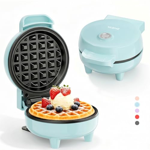 YASHE Mini Waffeleisen, 550W Mini Waffelmaschine mit Antihaftbeschichtung, Kontrollleuchte, Cool-Touch-Griff, Kompaktes Waffeleisen für Frühstück, Desserts & Snacks, Blau