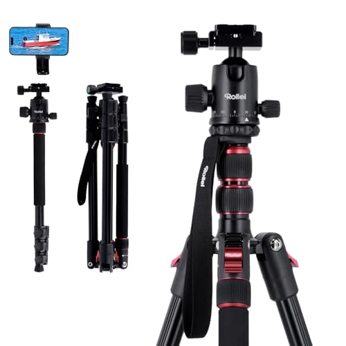 Rollei Compact Traveler No. 2 Stativ Schwarz, 180cm Stativ Kamera 360° Kugelkopf Kompaktes Aluminum Reisestativ mit Einbeinstativ Funktion Dreibeinstativ für DSLR Kamera Fotostativ mit Handyhalterung