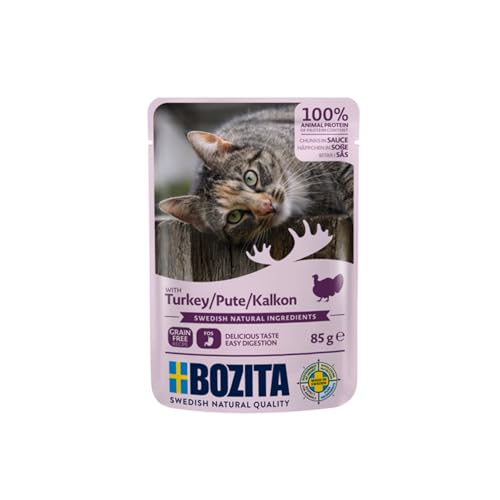 Bozita Pouch Nassfutter Häppchen in Sauce mit Pute - 12x85g Portionsbeutel getreidefreies & weizenfreies Futter für Katzen - Katzennassfutter für erwachsene Katzen mit 8,5% Protein & 4,5% Fettgehalt