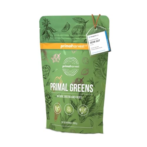 Primal Harvest Super Greens Pulver mit 27 Pflanzenstoffen, inkl. Spirulina & Weizengras, 30 Portionen (1 Bag, ursprünglicher Geschmack)
