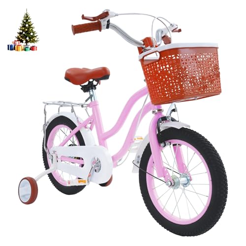 HUOMMGS Kinderfahrrad 14 Zoll Retro Stil Kinderfahrrad mit Stützrädern, Rücksitz, Korb Höhenverstellbar Kinder Fahrrad für ab 3-7 Jahre Jugend Fahrrad für Jungen & Mädchen (Rosa)