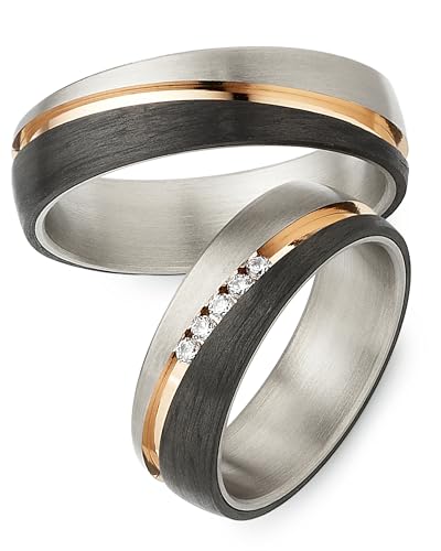 123traumringe Eheringe in Carbon & Titan I Partnerringe mit 5 Zirkonia & Etui I Gravierbare Eheringe mit Ringgröße 50-72 mm I Hochwertige Verlobungsringe in 6 mm Breite & 2 mm Stärke I S 57