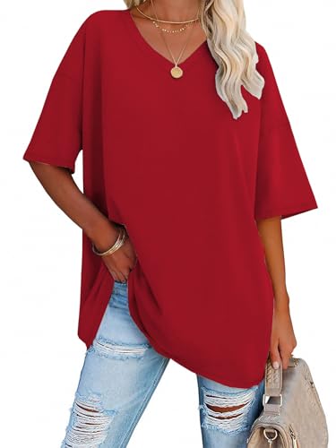 iudam Oversize T Shirt Damen mit V-Ausschnitt Sommer Longshirt Kurzarm Übergroße Oberteil Locker Sport Tops Casual Tee Shirts Blusen,Rot,3XL