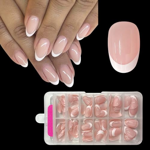 ZAHRIVA French Press On Nails Short Almond, Full Cover Nageltips Kurz für Gelnägel, Fingernägel Fake Nails Acryl Nagel Tips Nägel (White Arc Round French, 120pc)